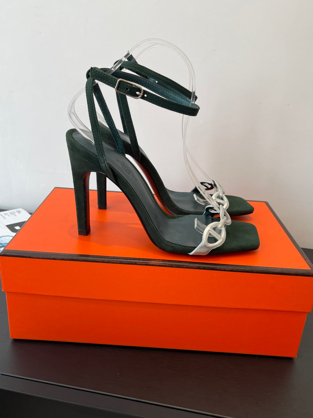 FOREST GREEN SUEDE ANKLE STRAP HIGH HEEL SANDALS