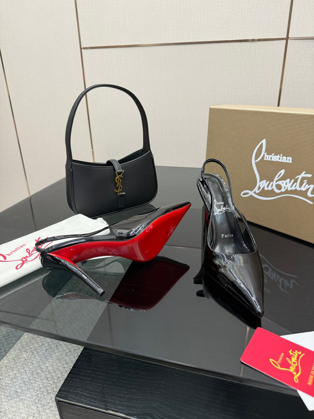 BLACK PATENT SLINGBACK POINTED HEELS