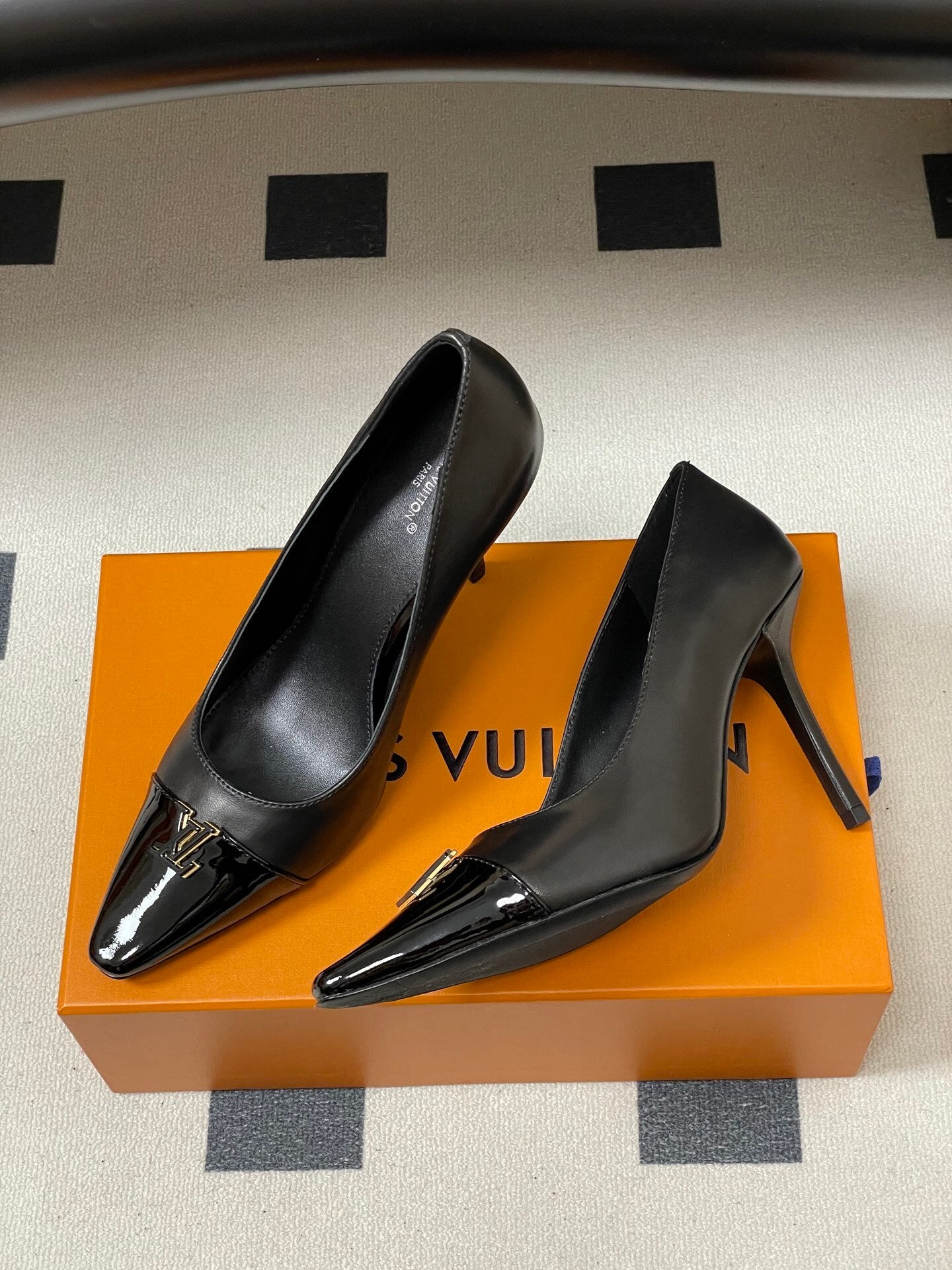 BLACK POINTED TOE LOGO STILETTO HEELS