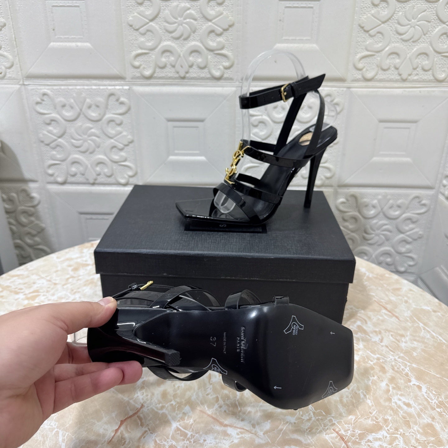 PATENT MULTI-STRAP STATEMENT HEEL SANDALS