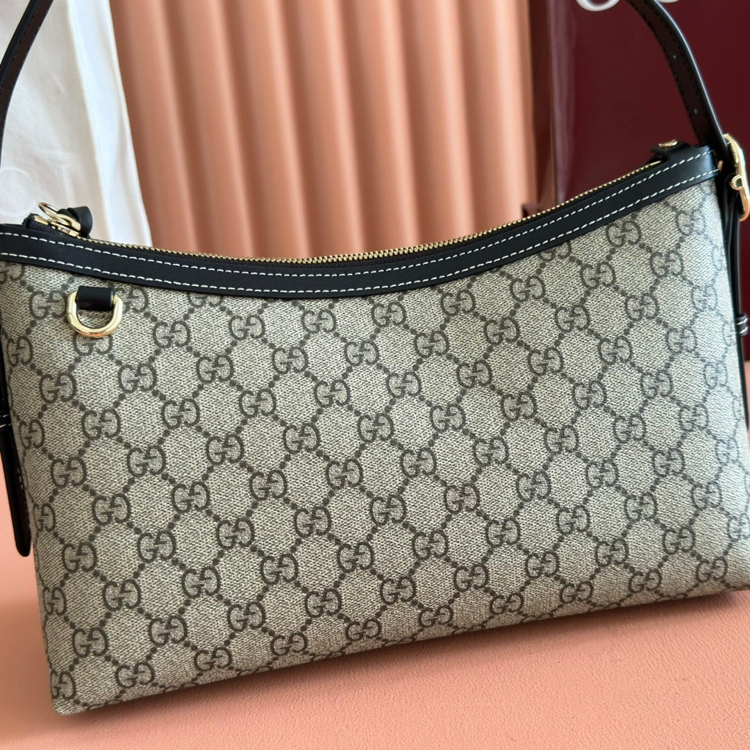 BEIGE MONOGRAM CANVAS SHOULDER BAG WITH BLACK LEATHER TRIM