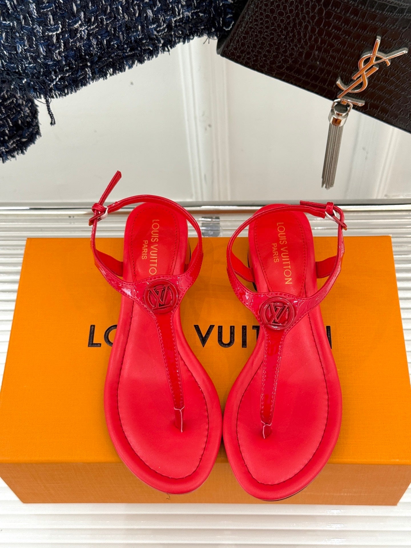 PATENT T-STRAP MEDALLION SANDALS – RED