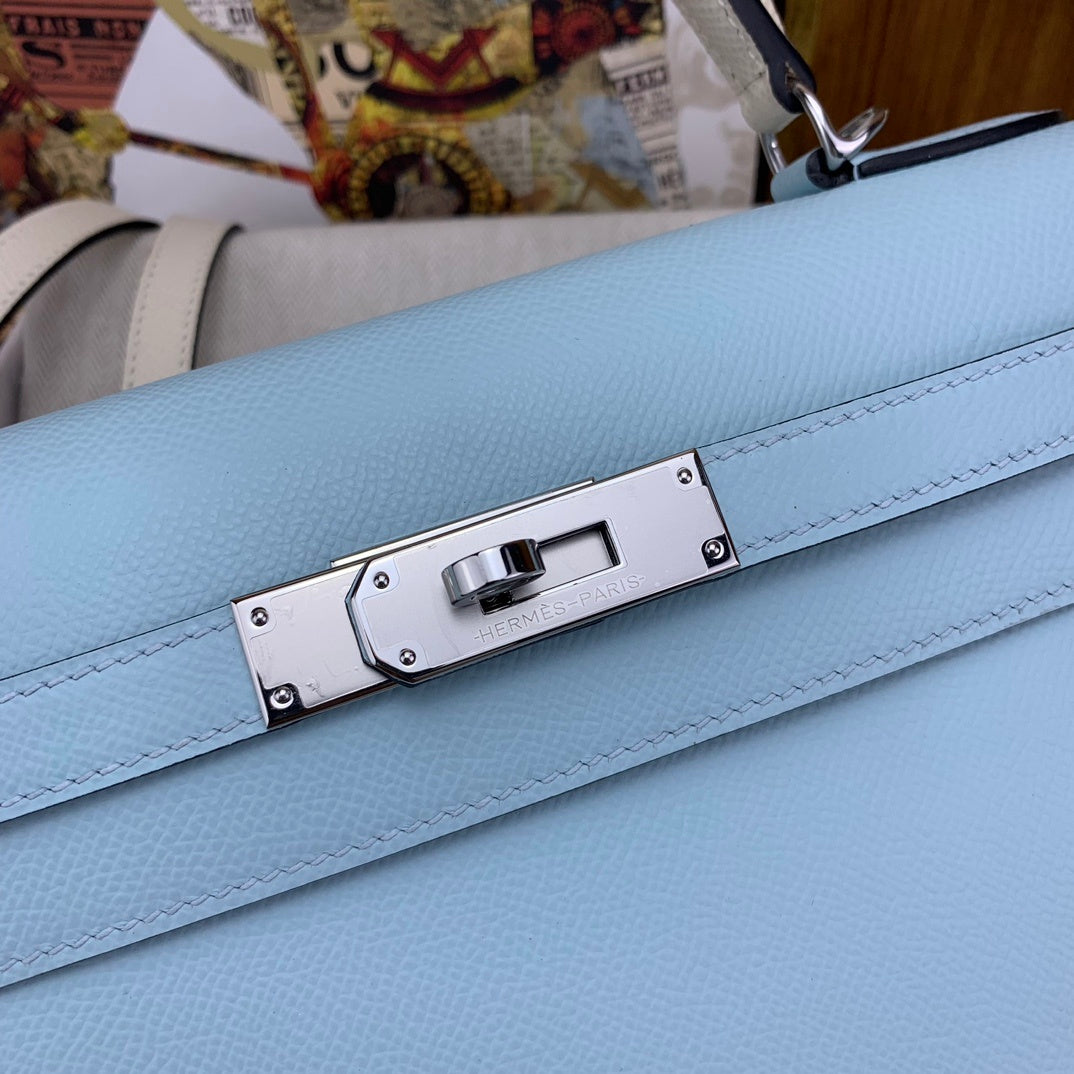 LUXURY BABY BLUE LEATHER TOP HANDLE HANDBAG
