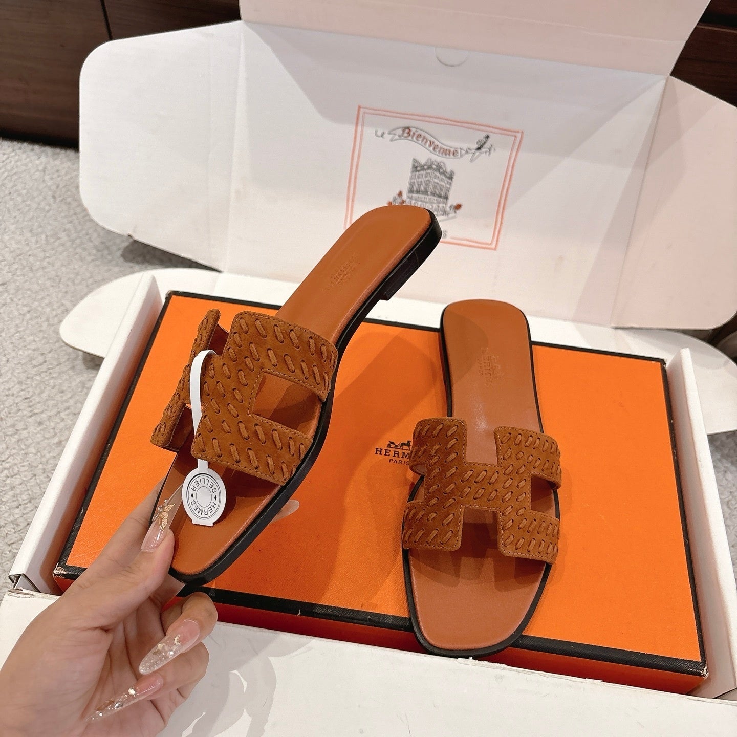 TAN SUEDE SLIDE SANDALS