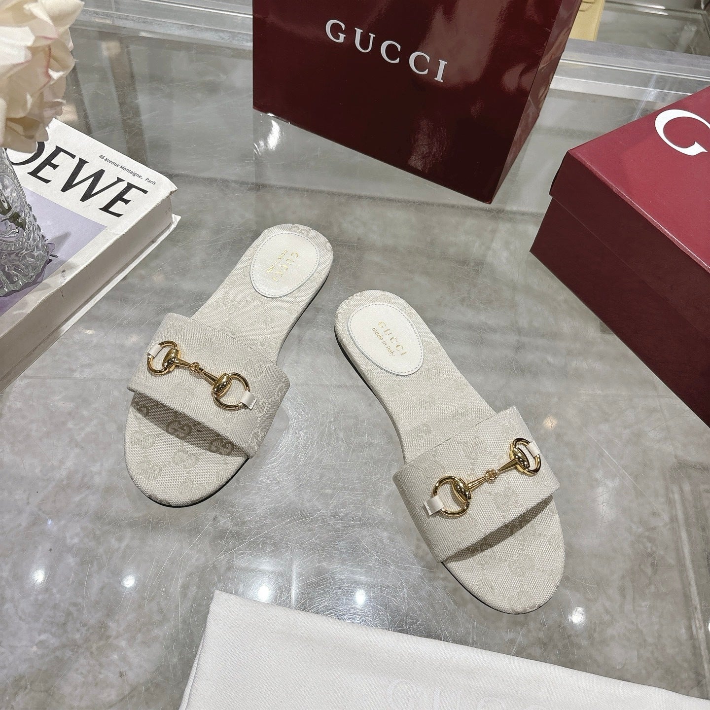 WHITE PATTERNED METAL DETAIL SLIDE SANDALS