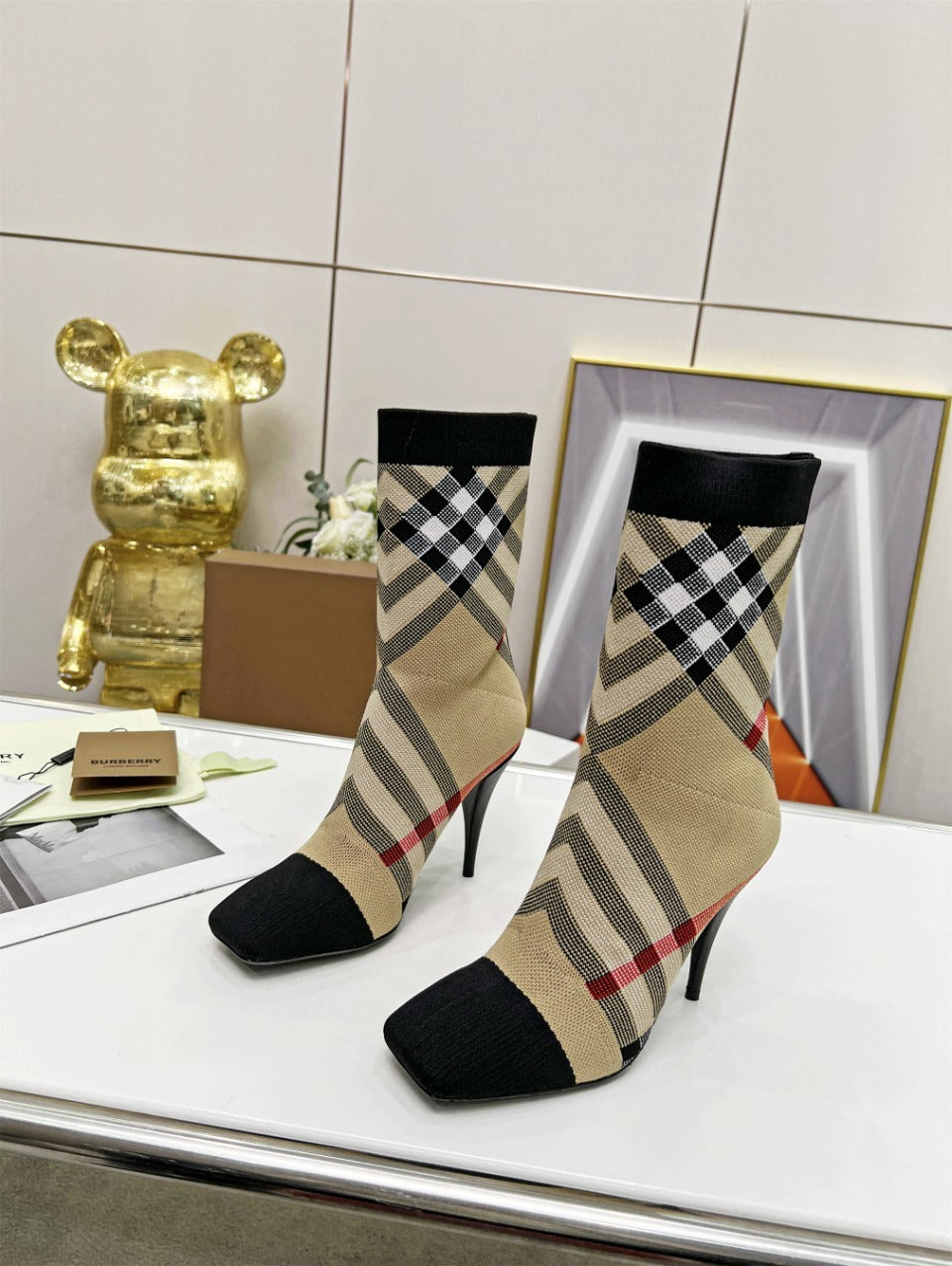 CHECK PATTERN KNIT ANKLE BOOTS WITH STILETTO HEEL