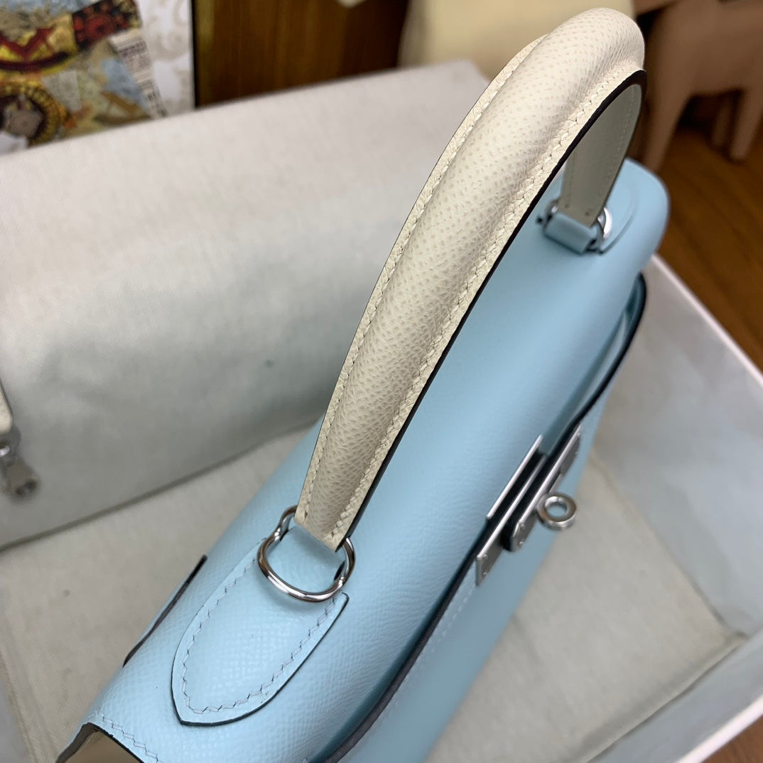 LUXURY BABY BLUE LEATHER TOP HANDLE HANDBAG