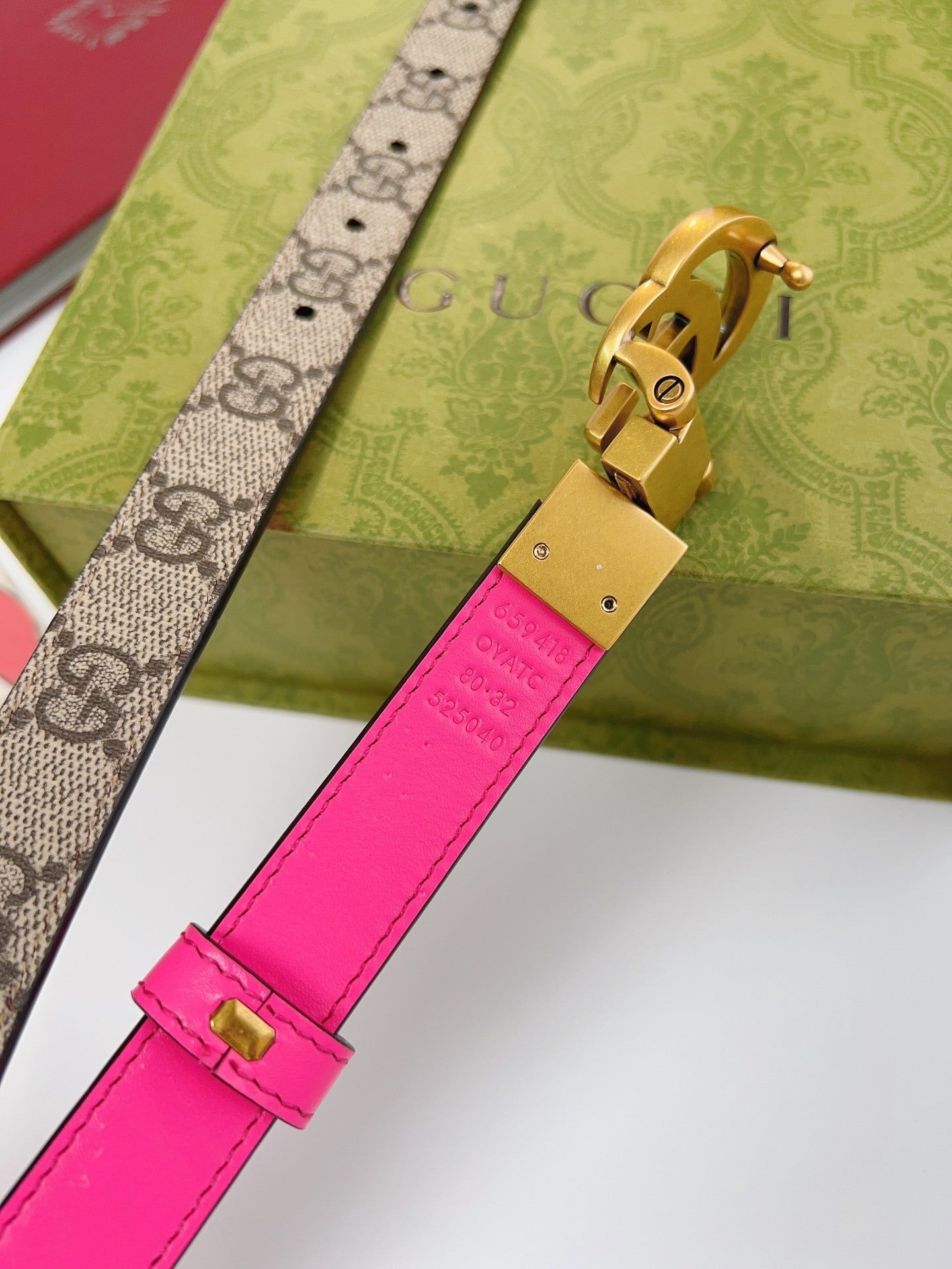 REVERSIBLE MONOGRAM BELT WITH PINK LEATHER AND GOLD DOUBLE RING BUCKLE
