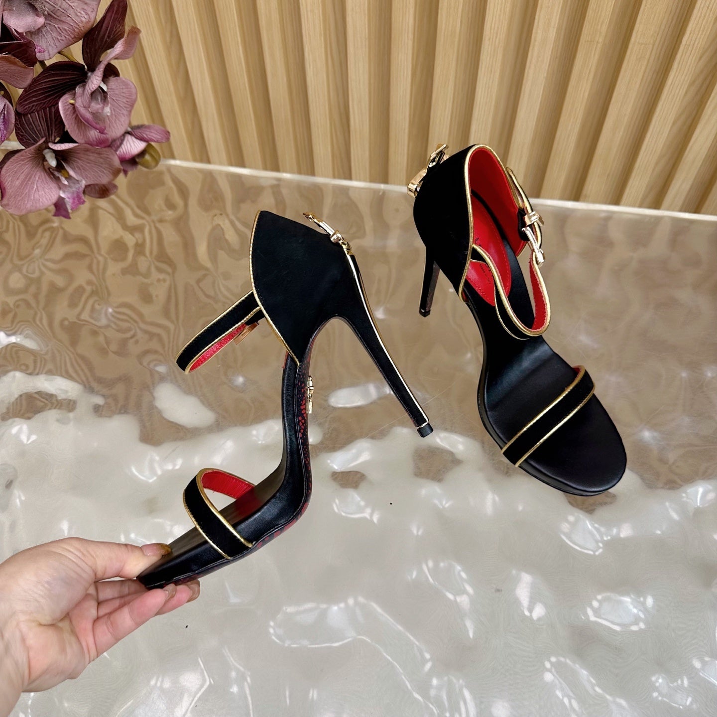 MINIMALIST ANKLE STRAP STILETTO SANDALS – BLACK & GOLD EDITION