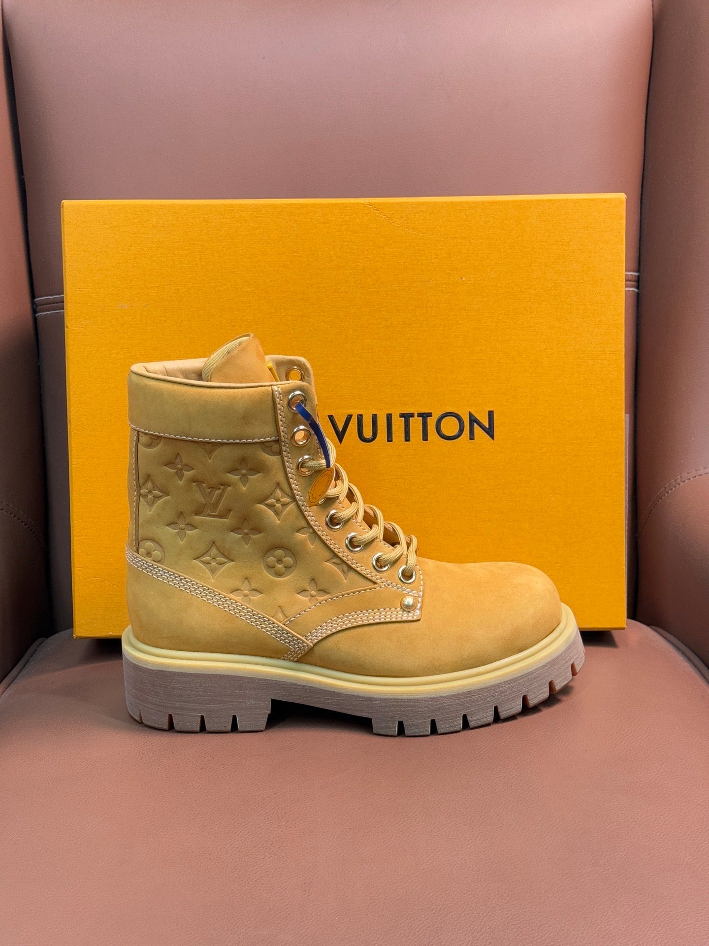 TAN MONOGRAM SUEDE COMBAT BOOTS