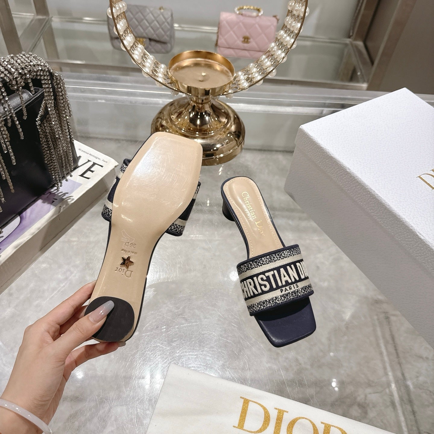 LOGO JACQUARD LOW HEEL SLIDE MULES