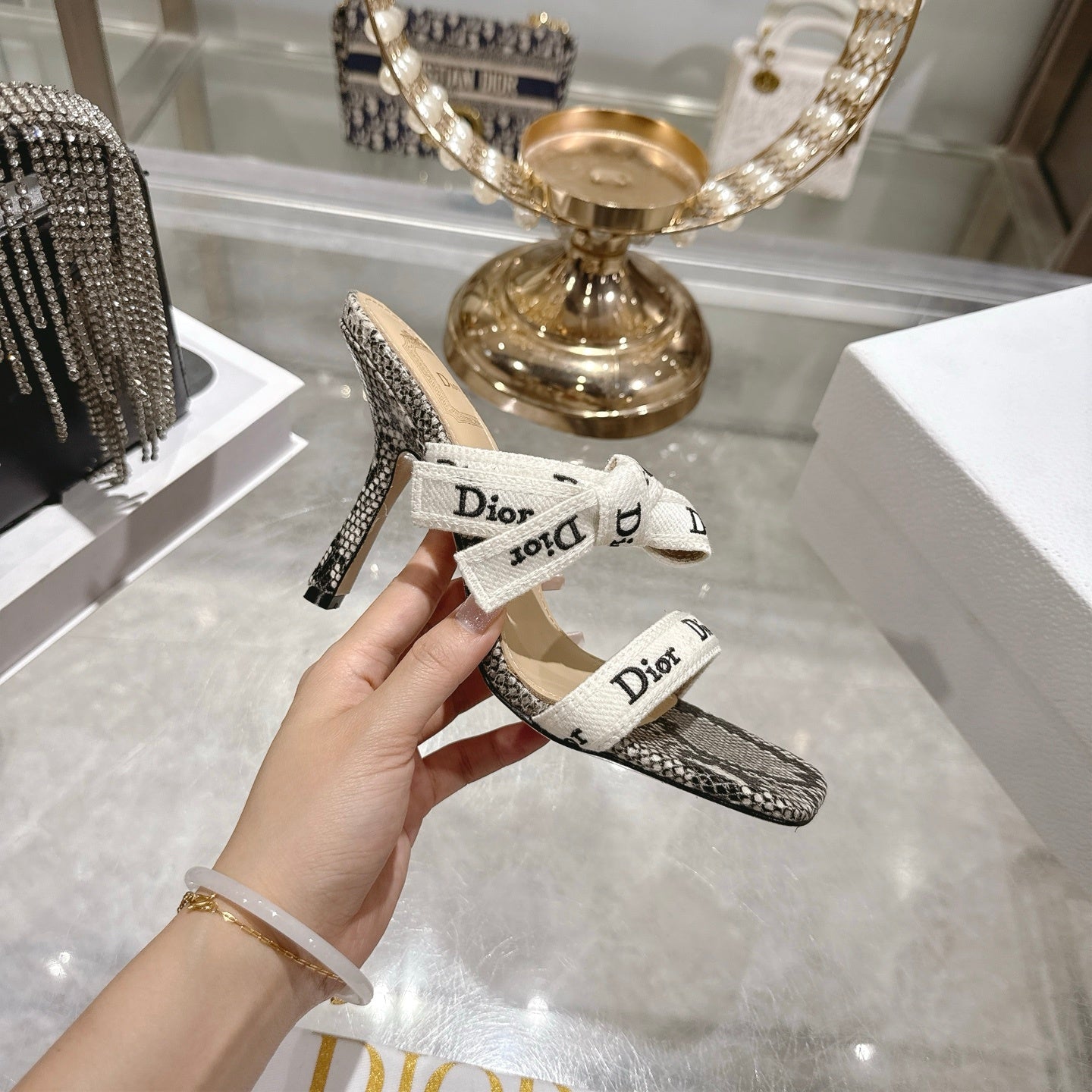 SNAKESKIN PRINT LOGO STRAP BOW HEEL SANDALS