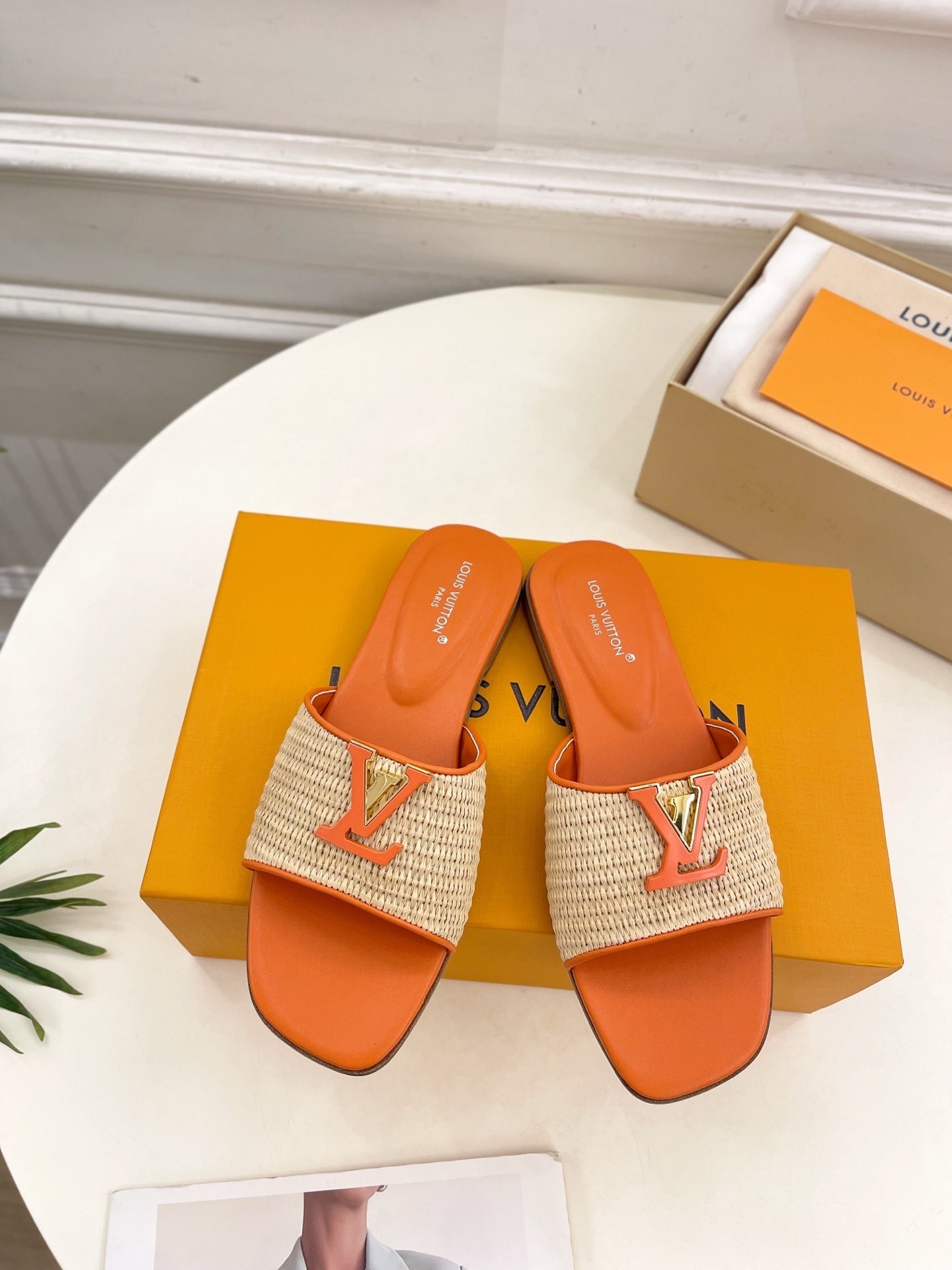 WOVEN STRAP MONOGRAM DETAIL SLIDE SANDALS – ORANGE