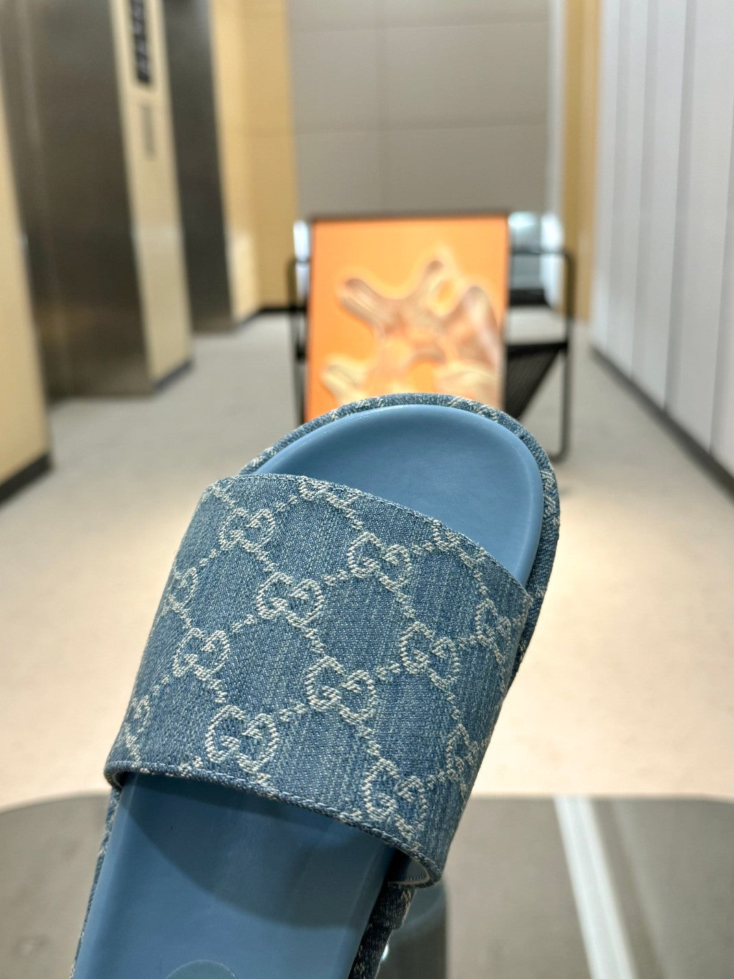 DENIM MONOGRAM PLATFORM SLIDE SANDALS