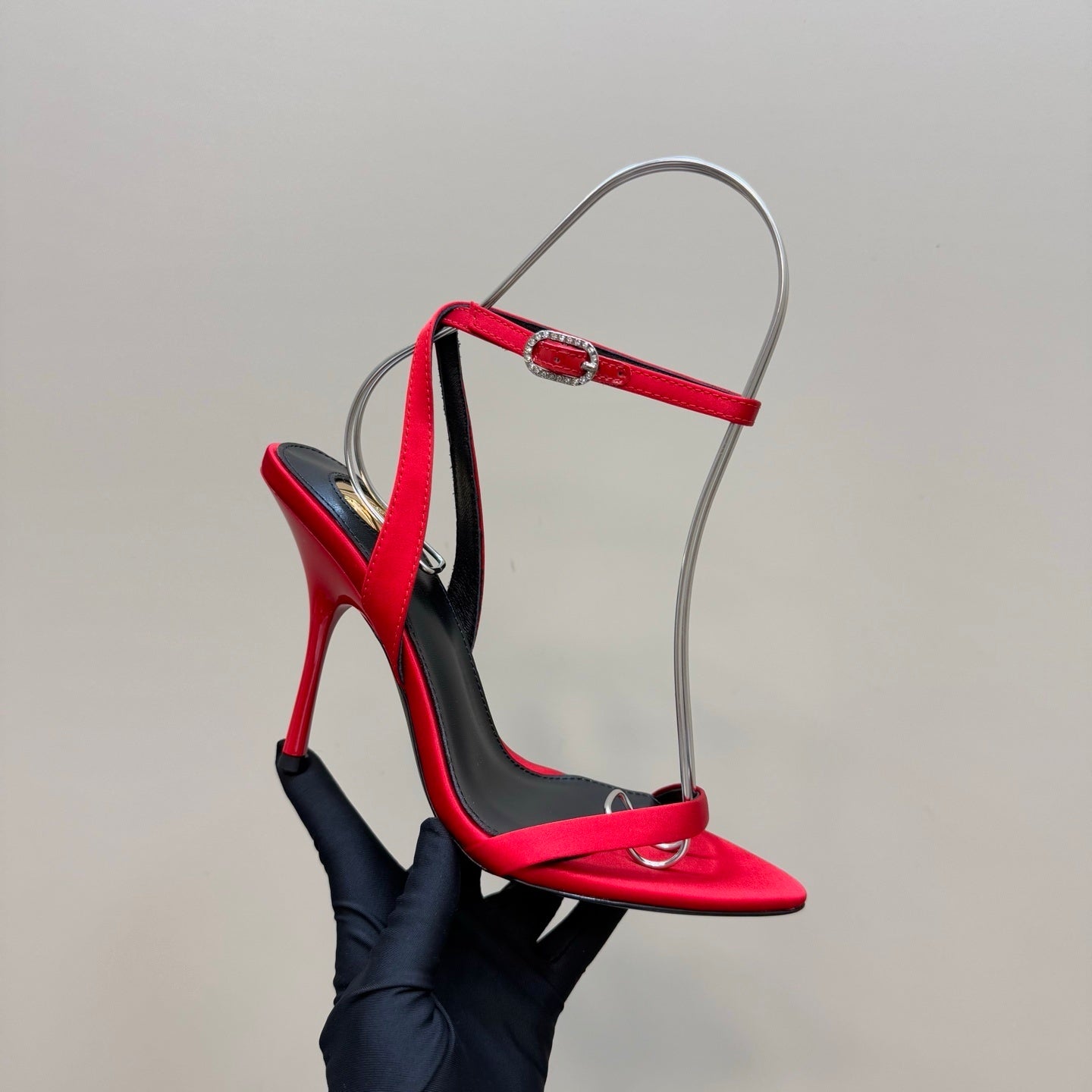 RED T-STRAP STILETTO HEEL SANDALS