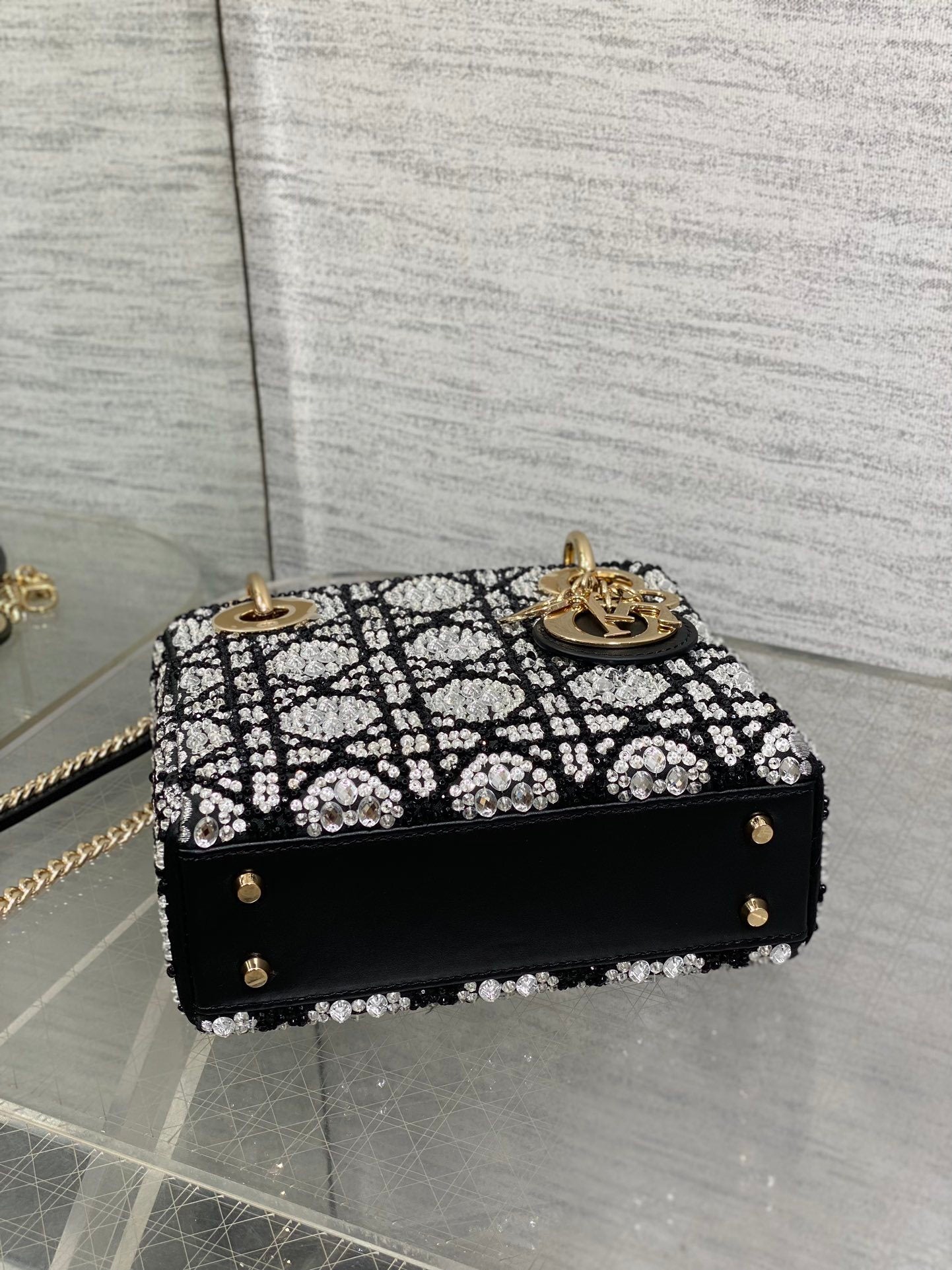 BLACK EMBELLISHED MINI TOP-HANDLE BAG WITH CHAIN STRAP