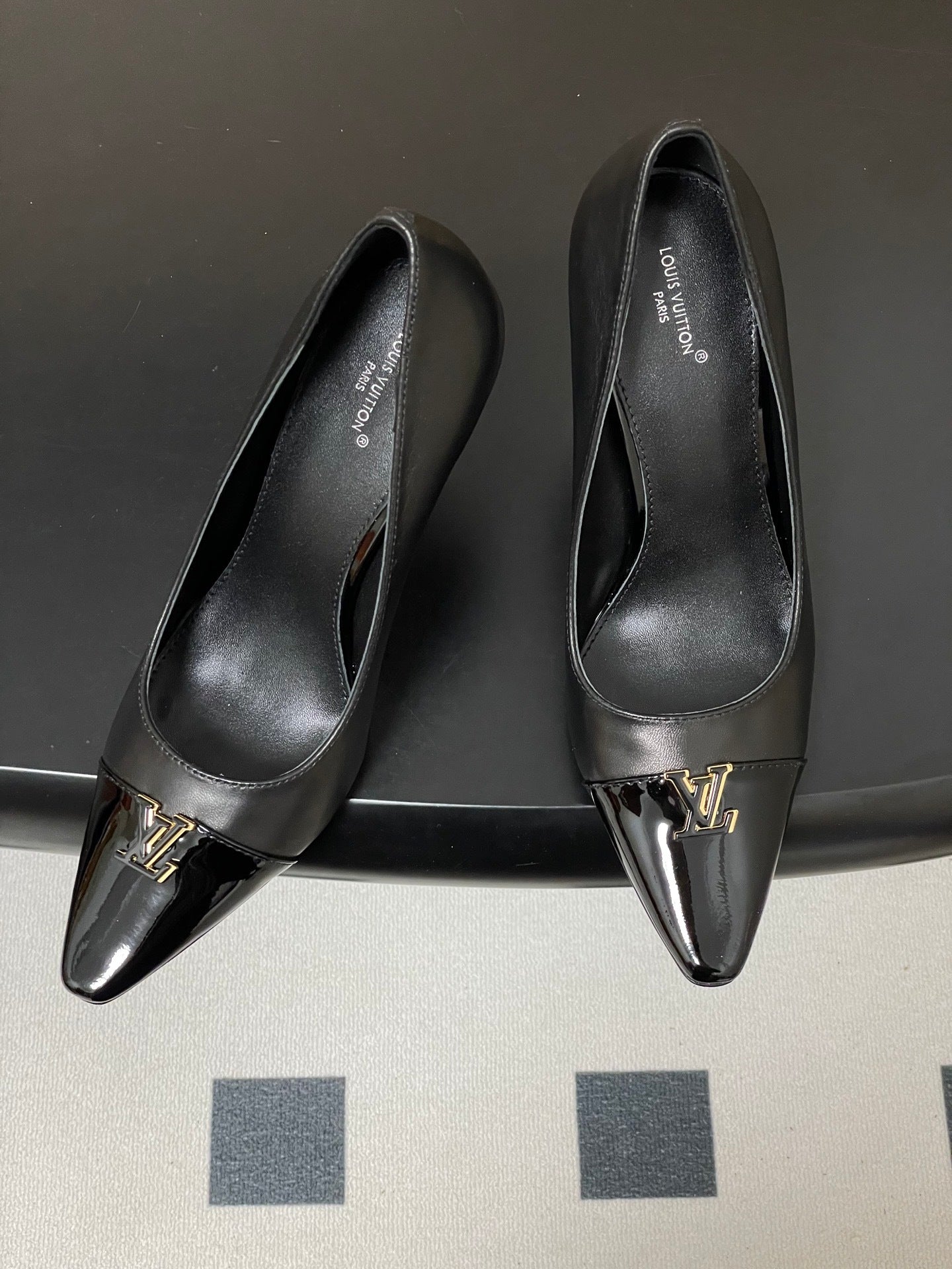 BLACK POINTED TOE LOGO STILETTO HEELS