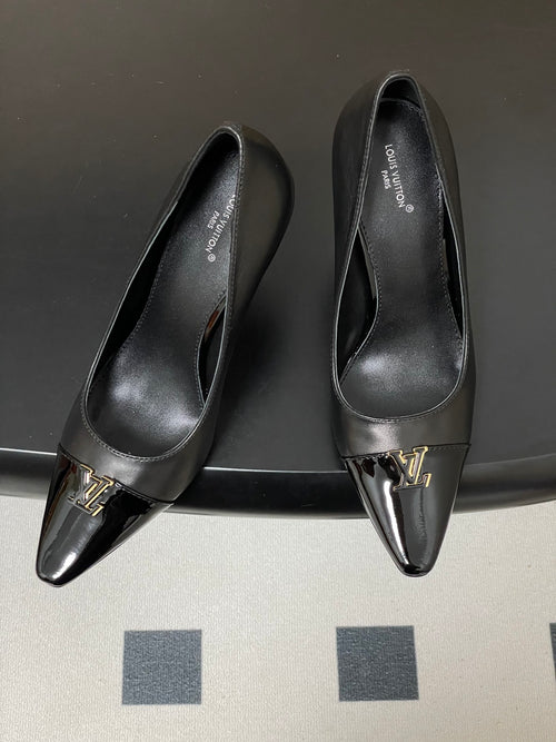 BLACK POINTED TOE LOGO STILETTO HEELS