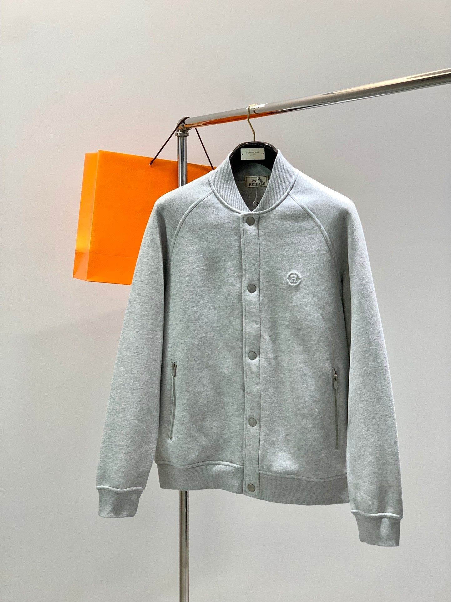 LIGHT GREY BUTTON FRONT SWEAT JACKET WITH ZIP POCKETS