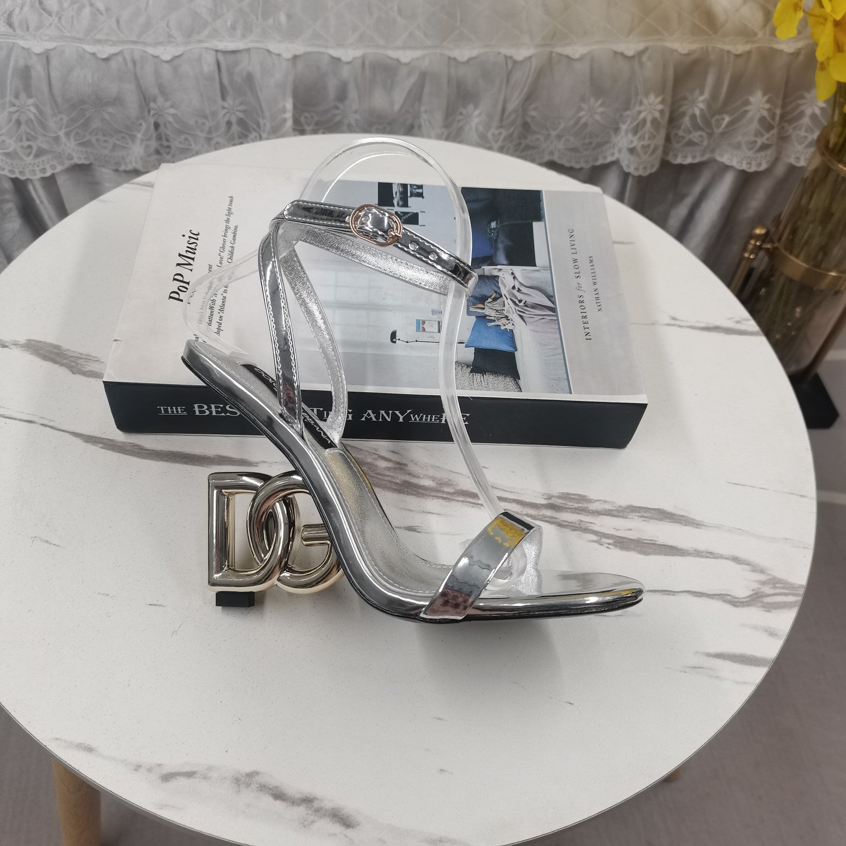 SILVER STRAPPY LOGO HEEL SANDALS