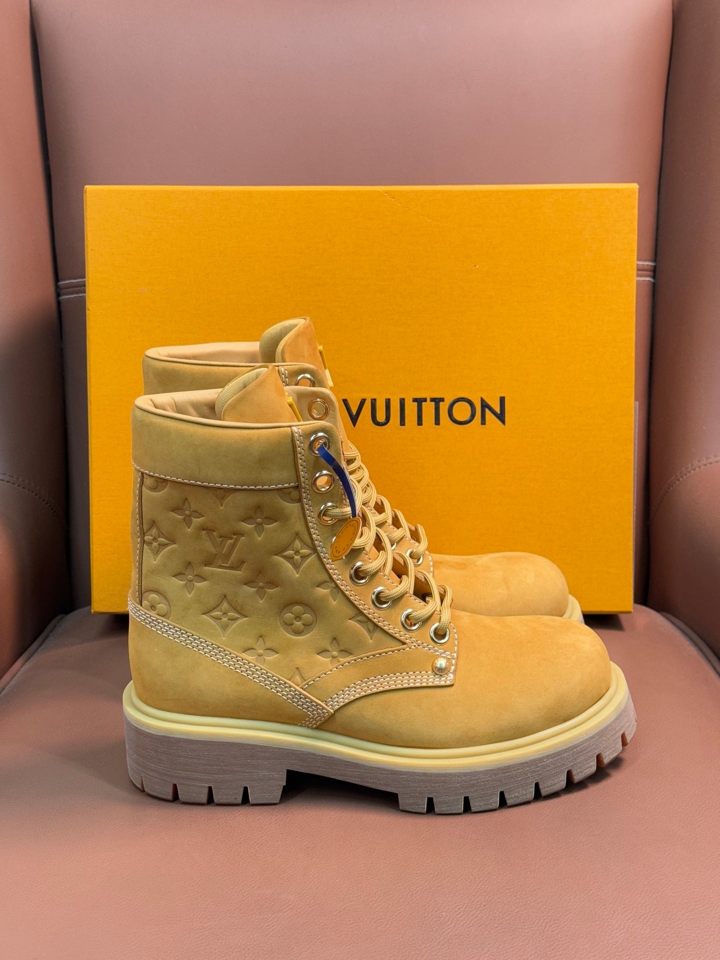 TAN MONOGRAM SUEDE COMBAT BOOTS