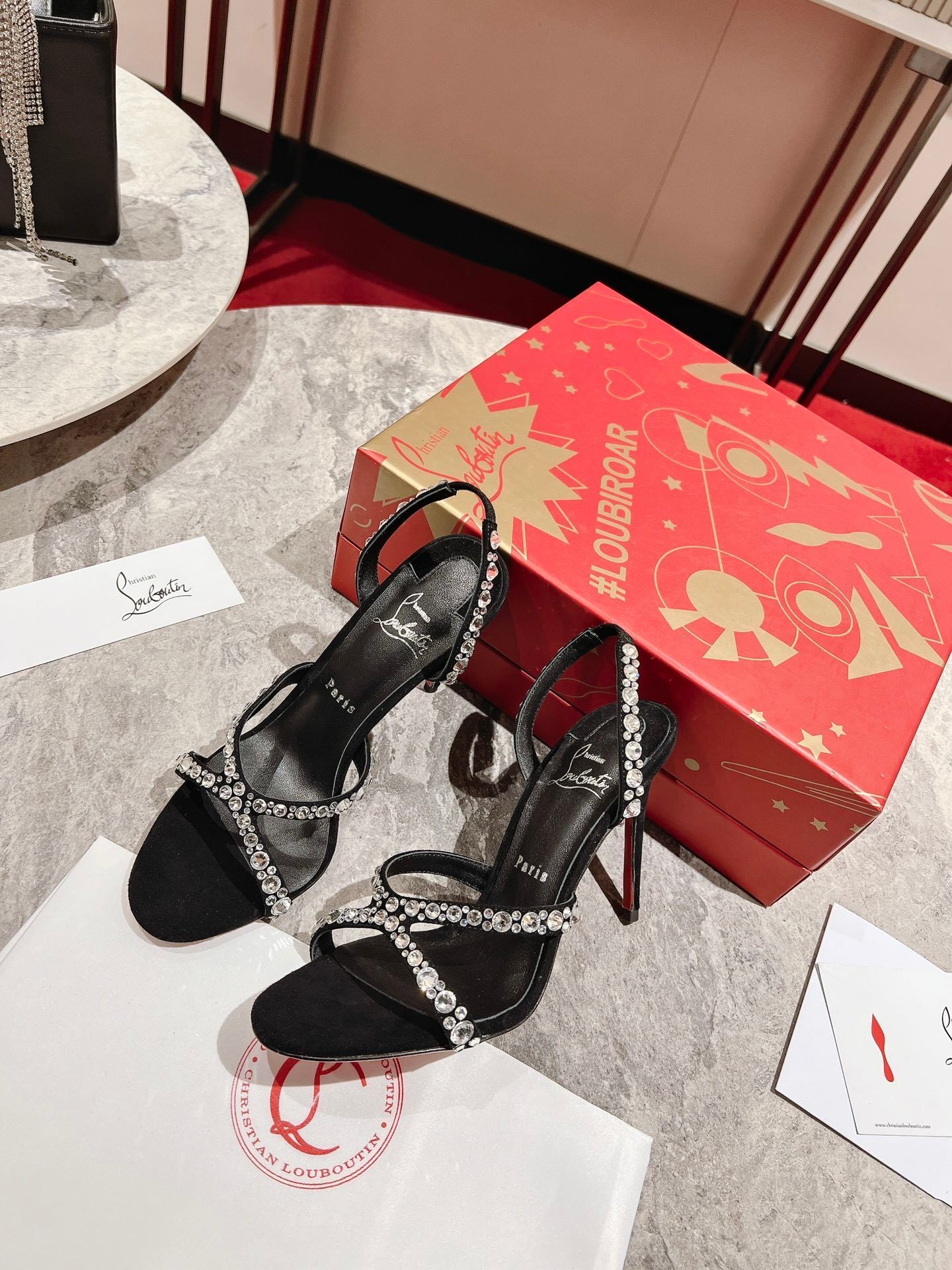 BLACK CRYSTAL-STRAP SANDAL HEELS