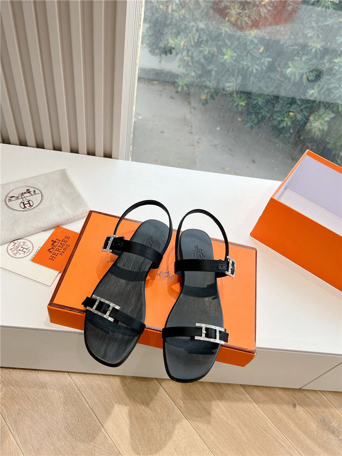 BLACK BUCKLE STRAP FLAT SANDALS