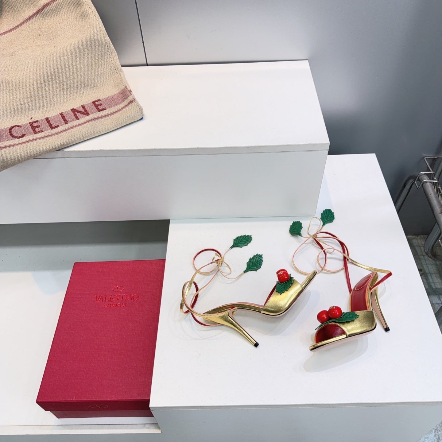 CHERRY EMBELLISHED STRAPPY HEEL SANDALS – GOLD