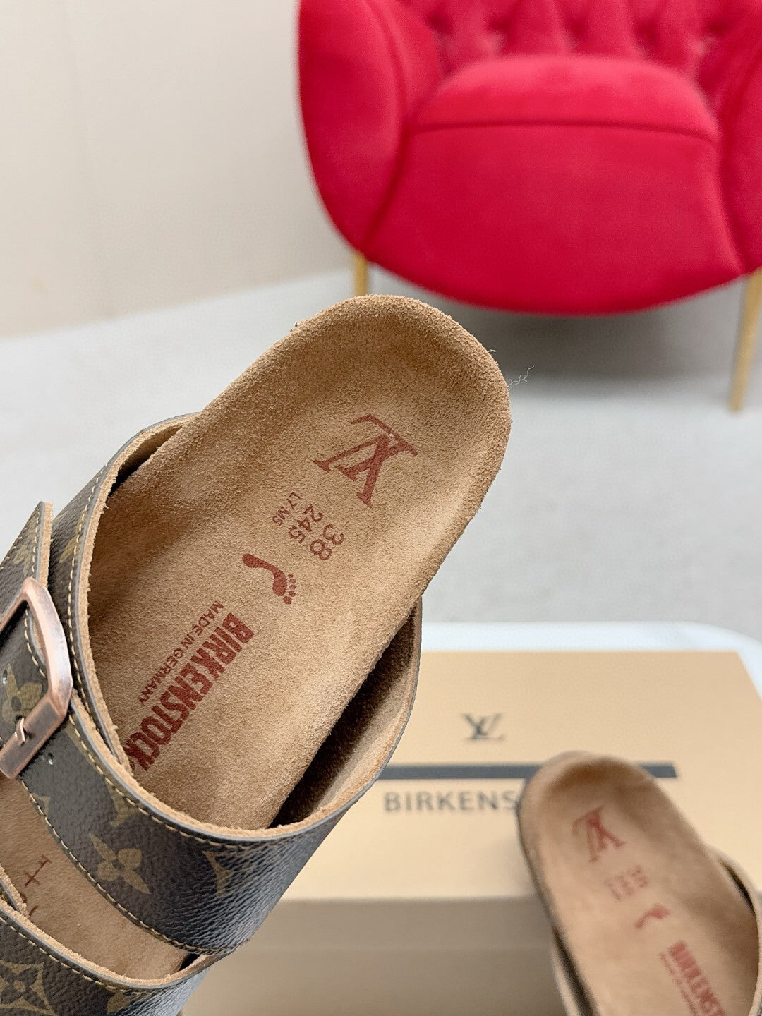 BROWN MONOGRAM DOUBLE-STRAP BUCKLE SLIDE SANDALS