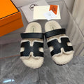 SHEARLING SLIDE SANDALS WITH BLACK LEATHER STRAPS