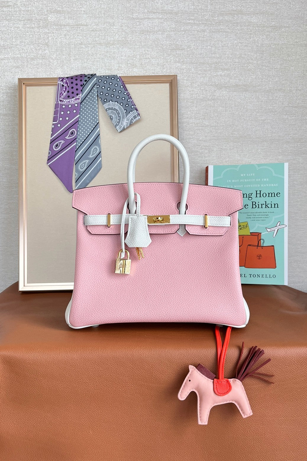 PASTEL PINK AND WHITE BIRKIN STYLE LUXURY TOP HANDLE HANDBAG WITH GOLD HARDWARE