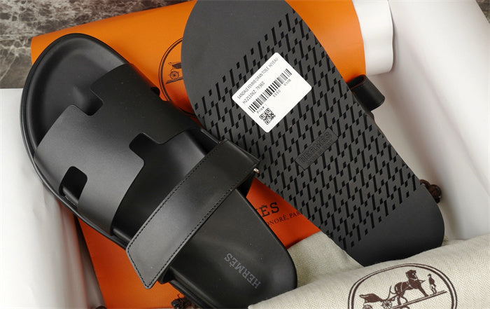 BLACK DOUBLE-STRAP H-CUT LEATHER SLIDE SANDALS