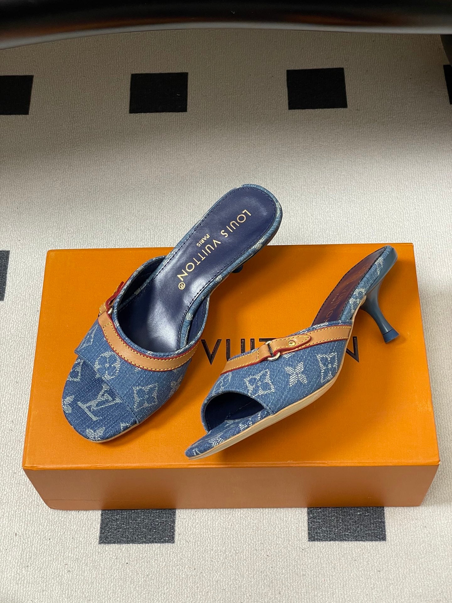 DENIM MONOGRAM STRAP KITTEN HEEL MULES