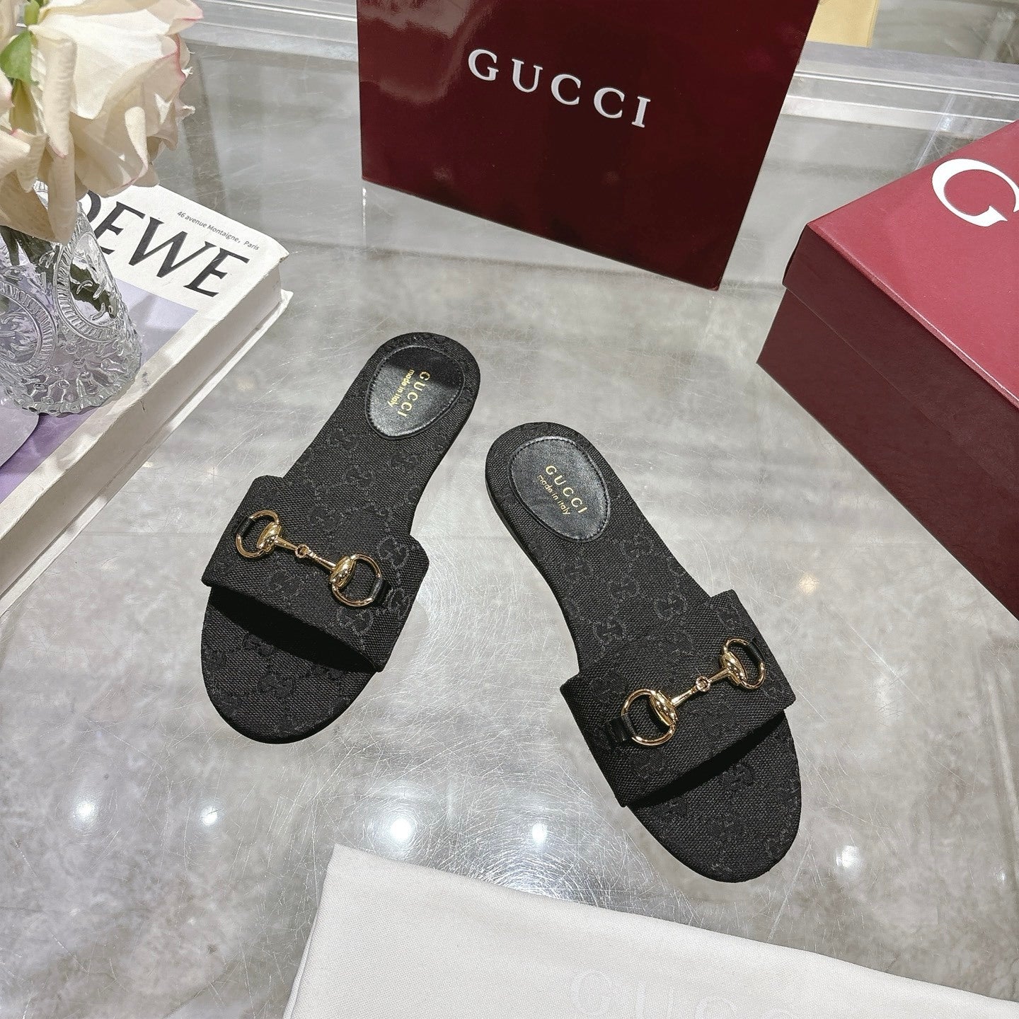 BLACK MONOGRAM METAL DETAIL SLIDE SANDALS