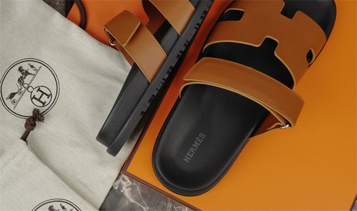 TAN DOUBLE-STRAP H-CUT SLIDE SANDALS