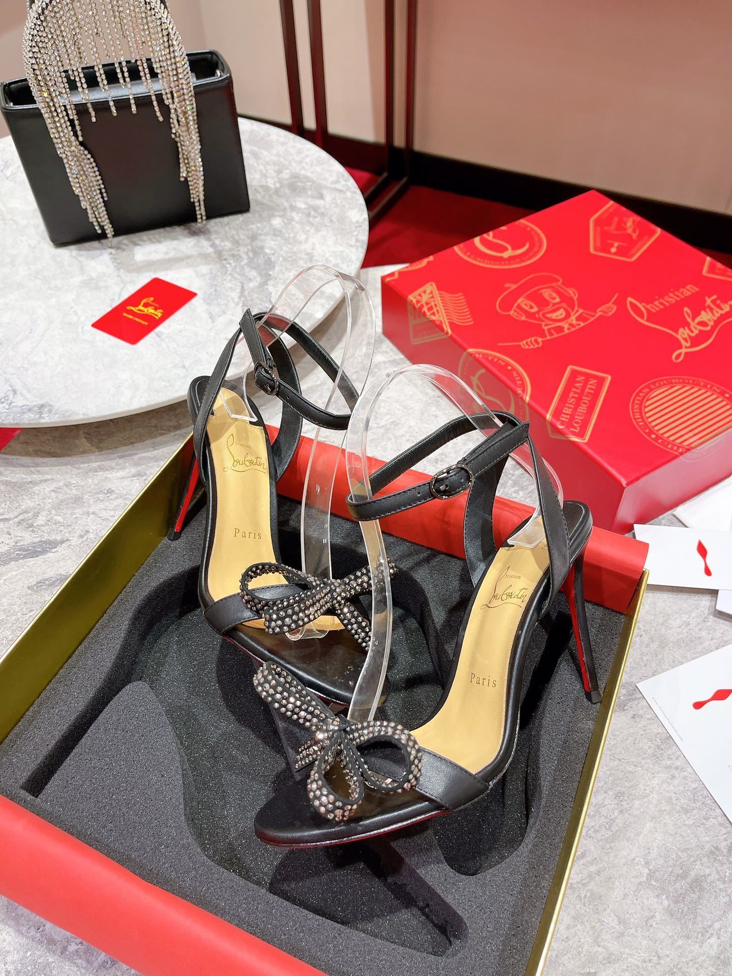 BLACK CRYSTAL BOW STRAP HEELS