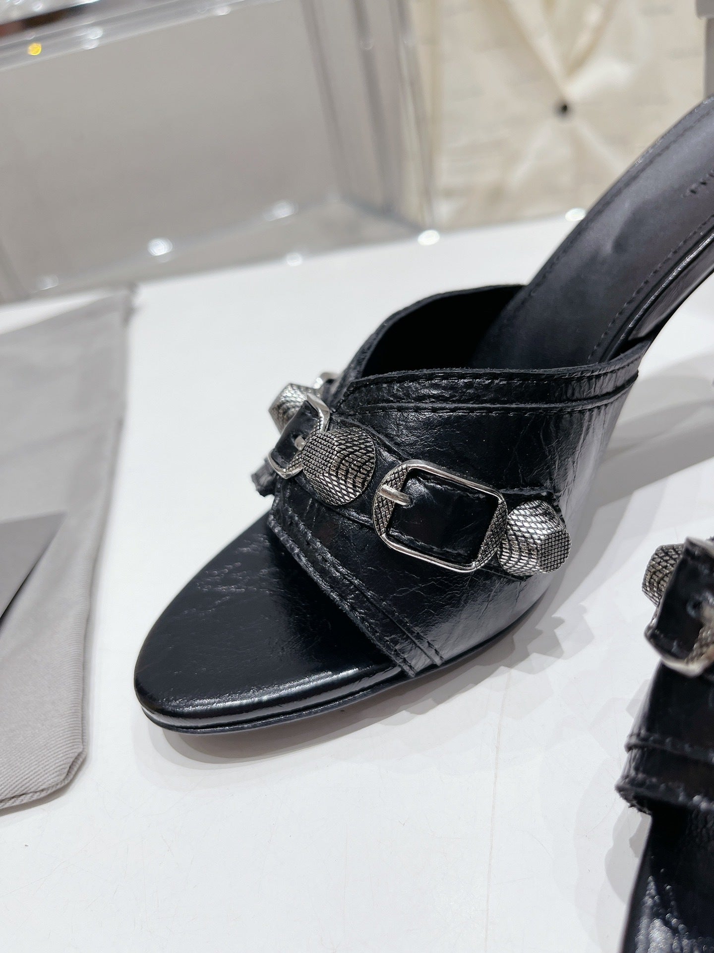 BLACK EMBELLISHED MID HEEL MULE SANDALS