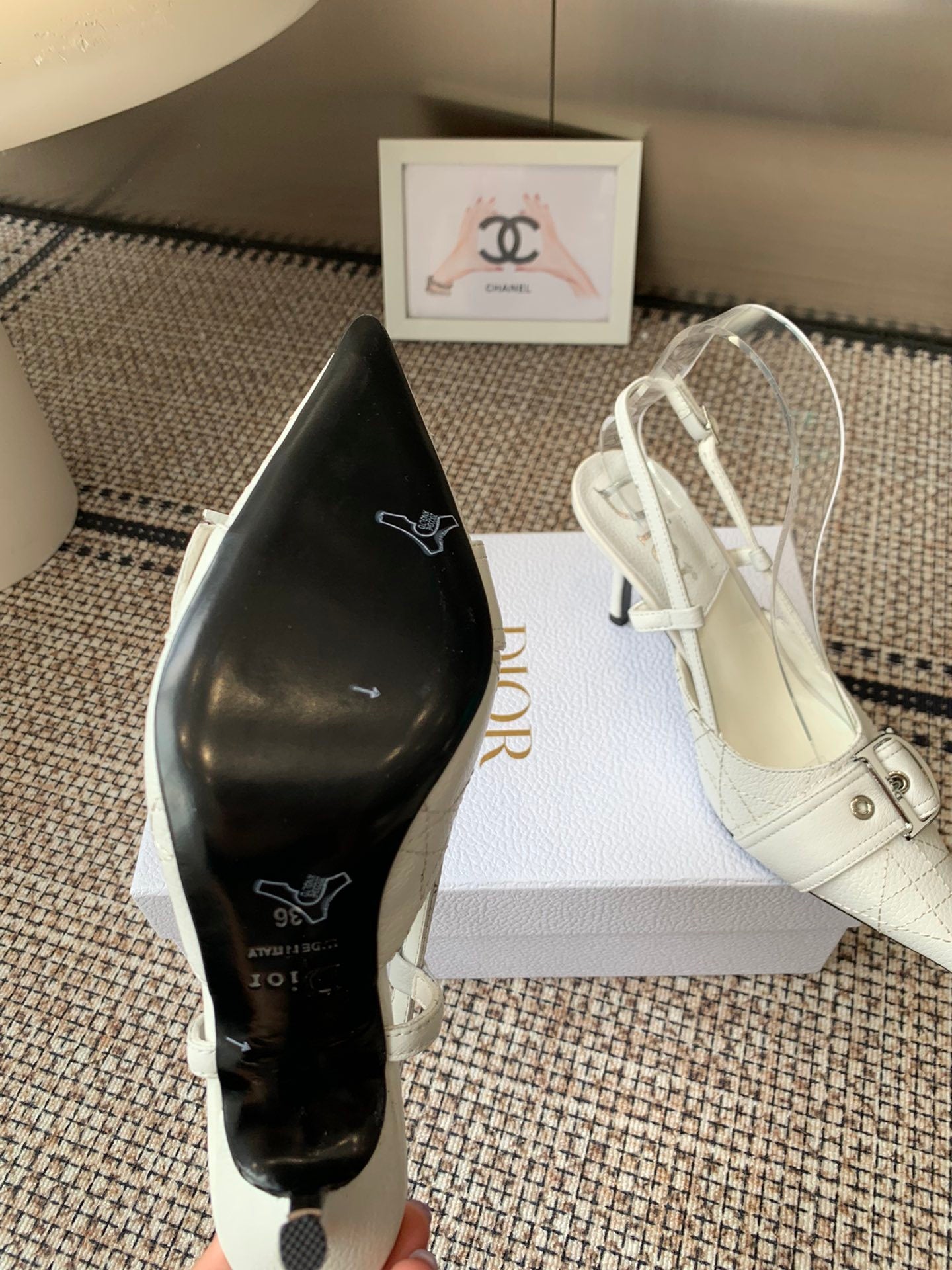 WHITE BUCKLE POINTED SLINGBACK HEELS