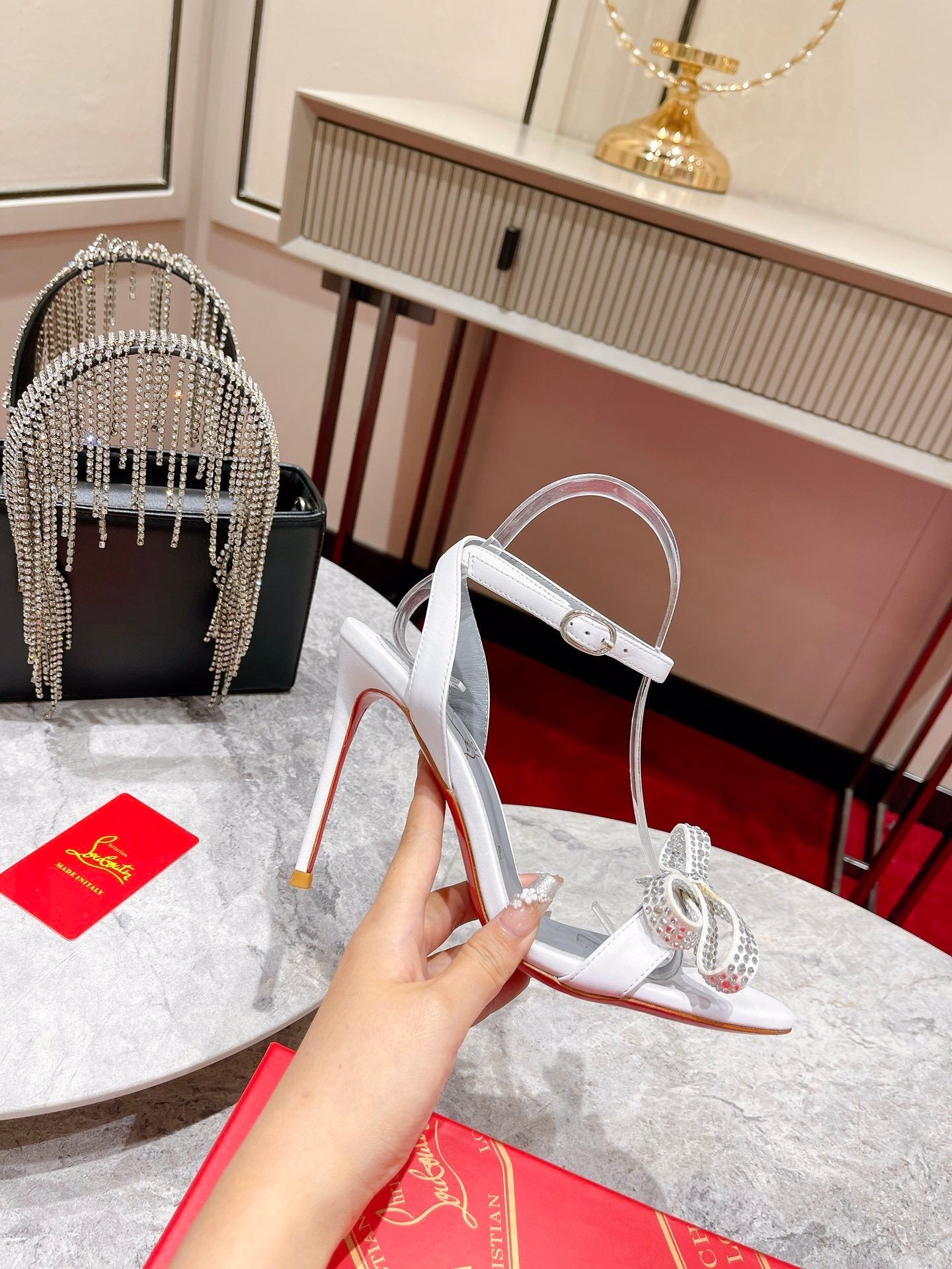 WHITE CRYSTAL BOW STRAP HEELS