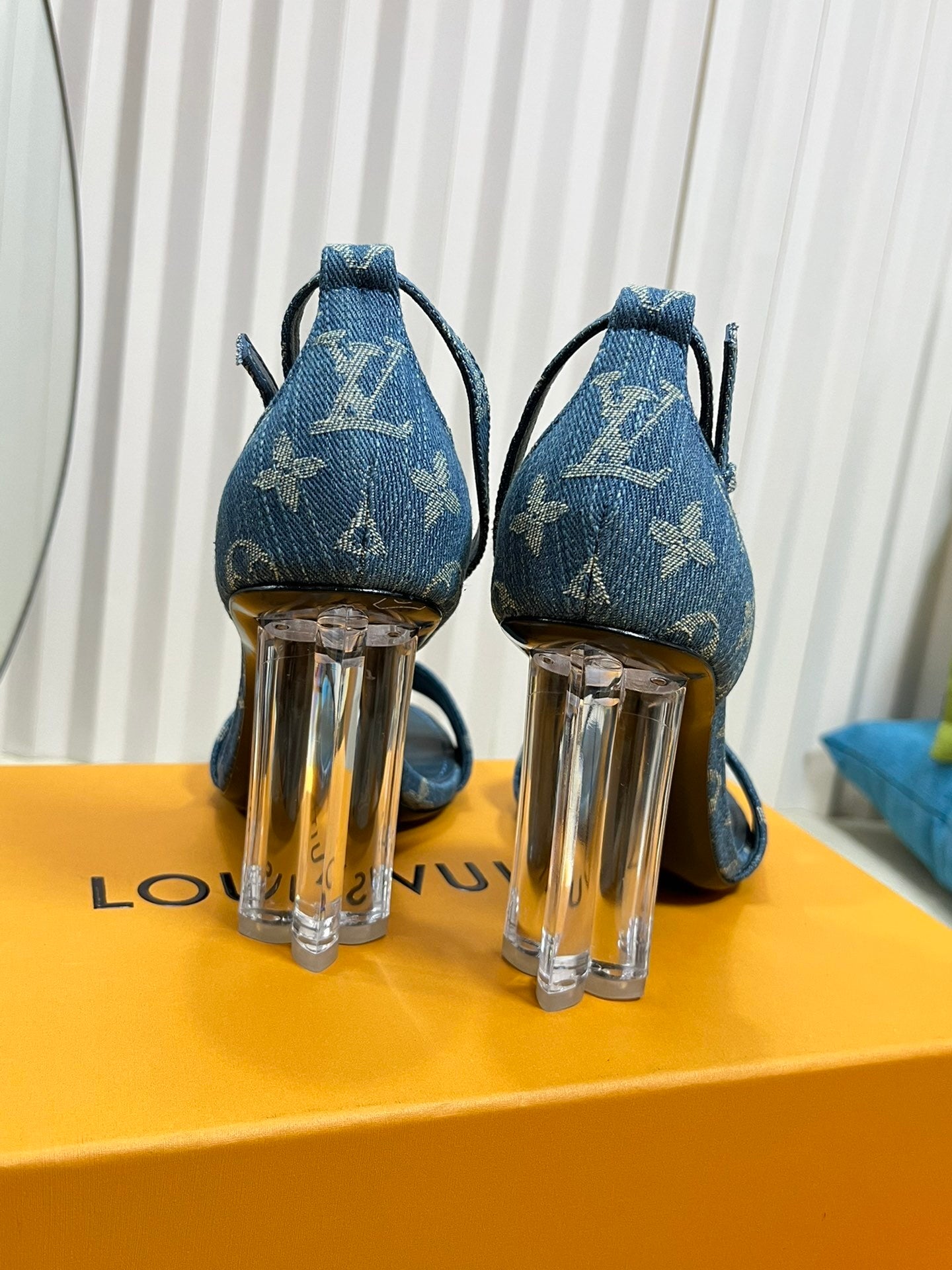 DENIM MONOGRAM CLEAR HEEL SANDALS