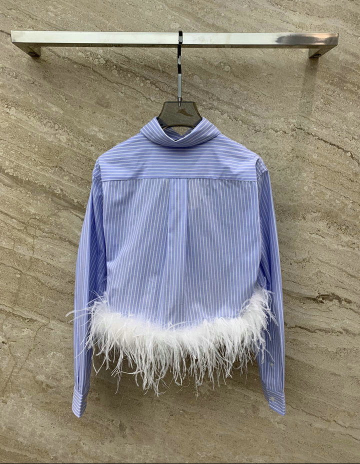 STRIPED FEATHER TRIM CROPPED SHIRT