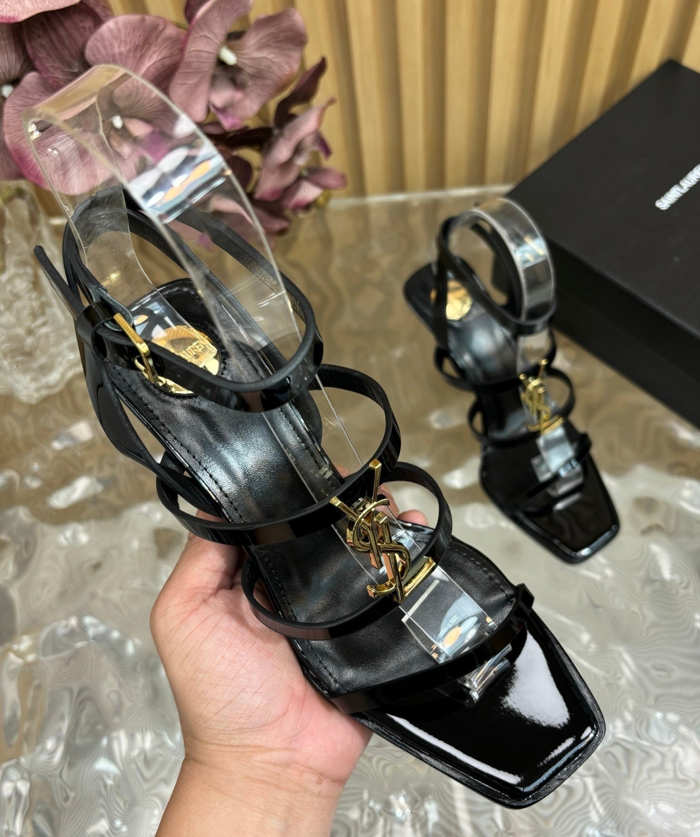 BLACK MULTI-STRAP HIGH HEEL SANDALS WITH GOLD LOGO DETAIL