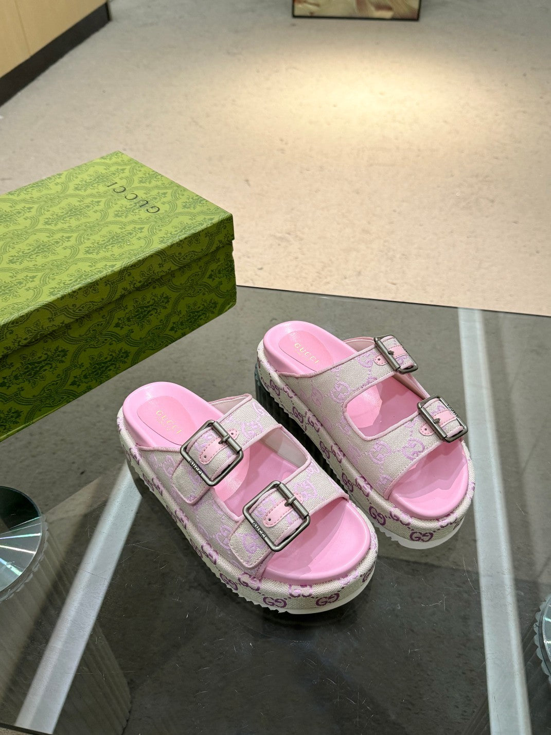 PINK MONOGRAM DOUBLE-STRAP PLATFORM SANDALS