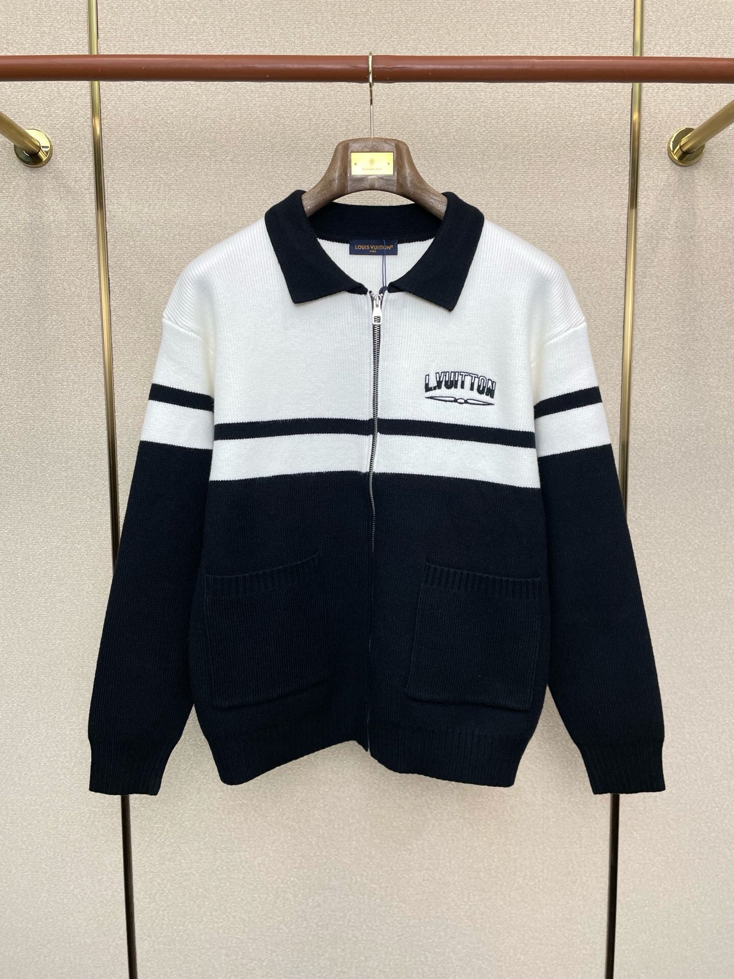 ZIP-FRONT STRIPED KNIT CARDIGAN WITH COLLAR