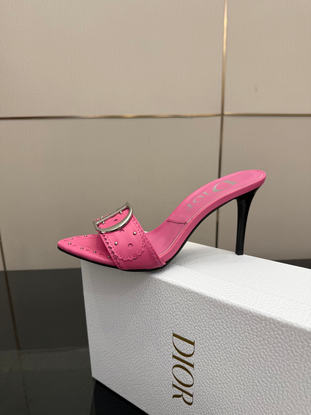 PINK STUDDED LOGO MULE HEELS