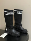BLACK LEATHER SOCK BOOTS WITH RIBBED KNIT SHAFT AND CHUNKY SOLE
