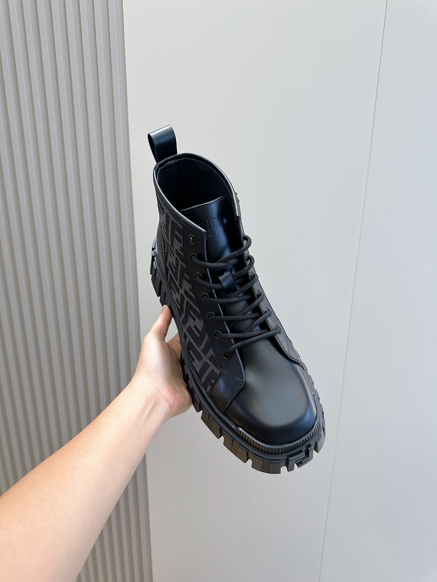 BLACK LACE-UP ANKLE BOOTS WITH MONOGRAM DETAIL AND CHUNKY SOLE