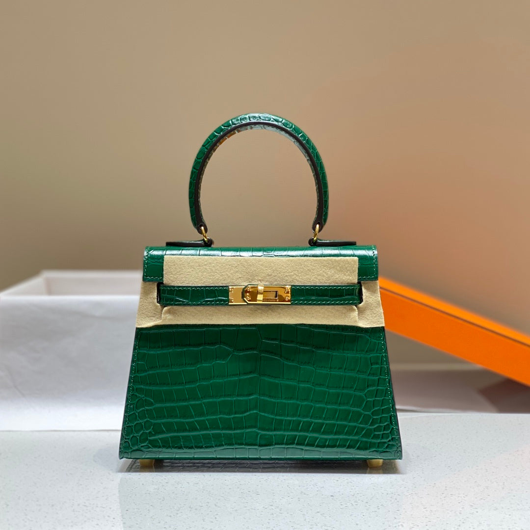 LUXURY EMERALD GREEN CROCODILE EMBOSSED MINI TOP HANDLE HANDBAG WITH GOLD HARDWARE