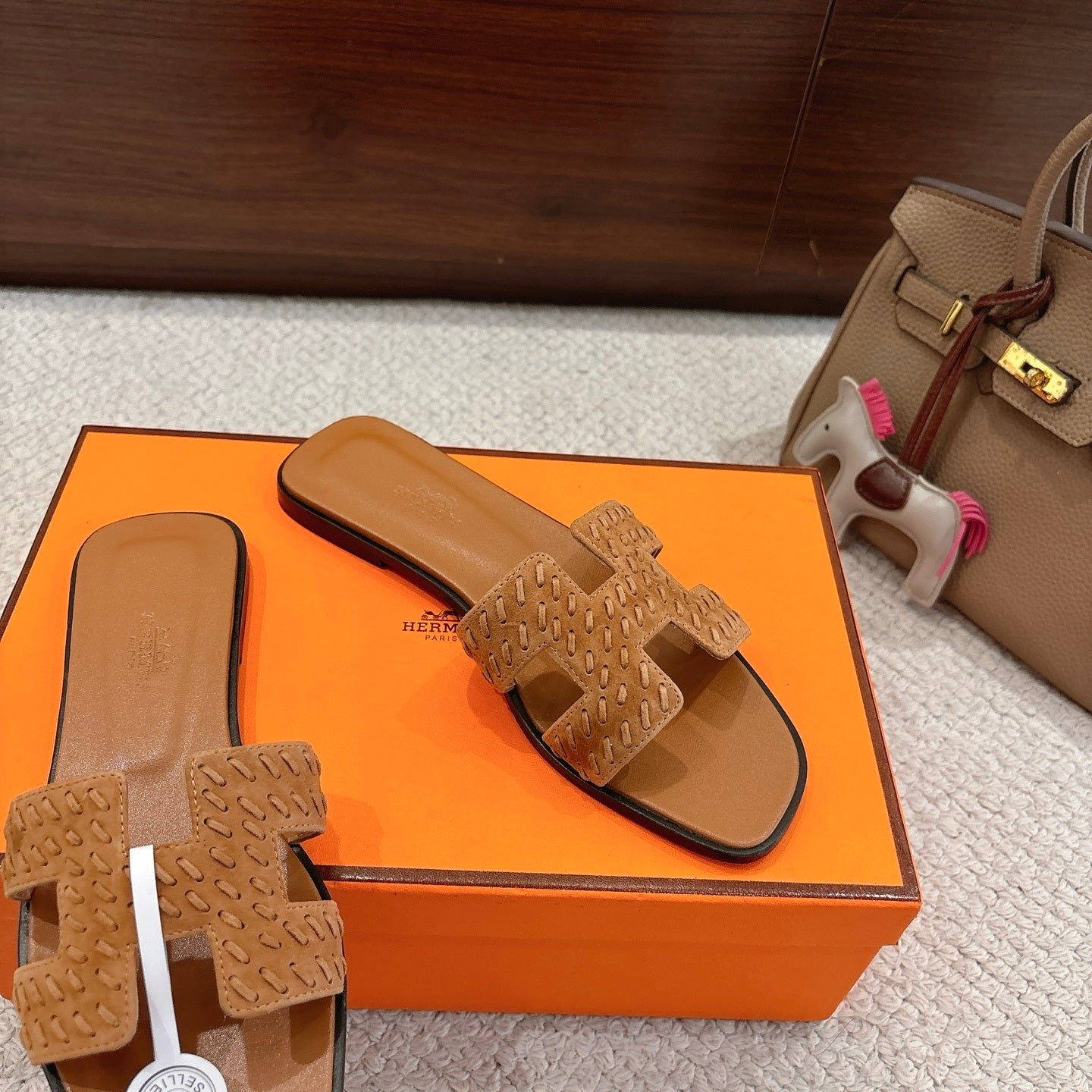 BROWN SUEDE SLIDE SANDALS