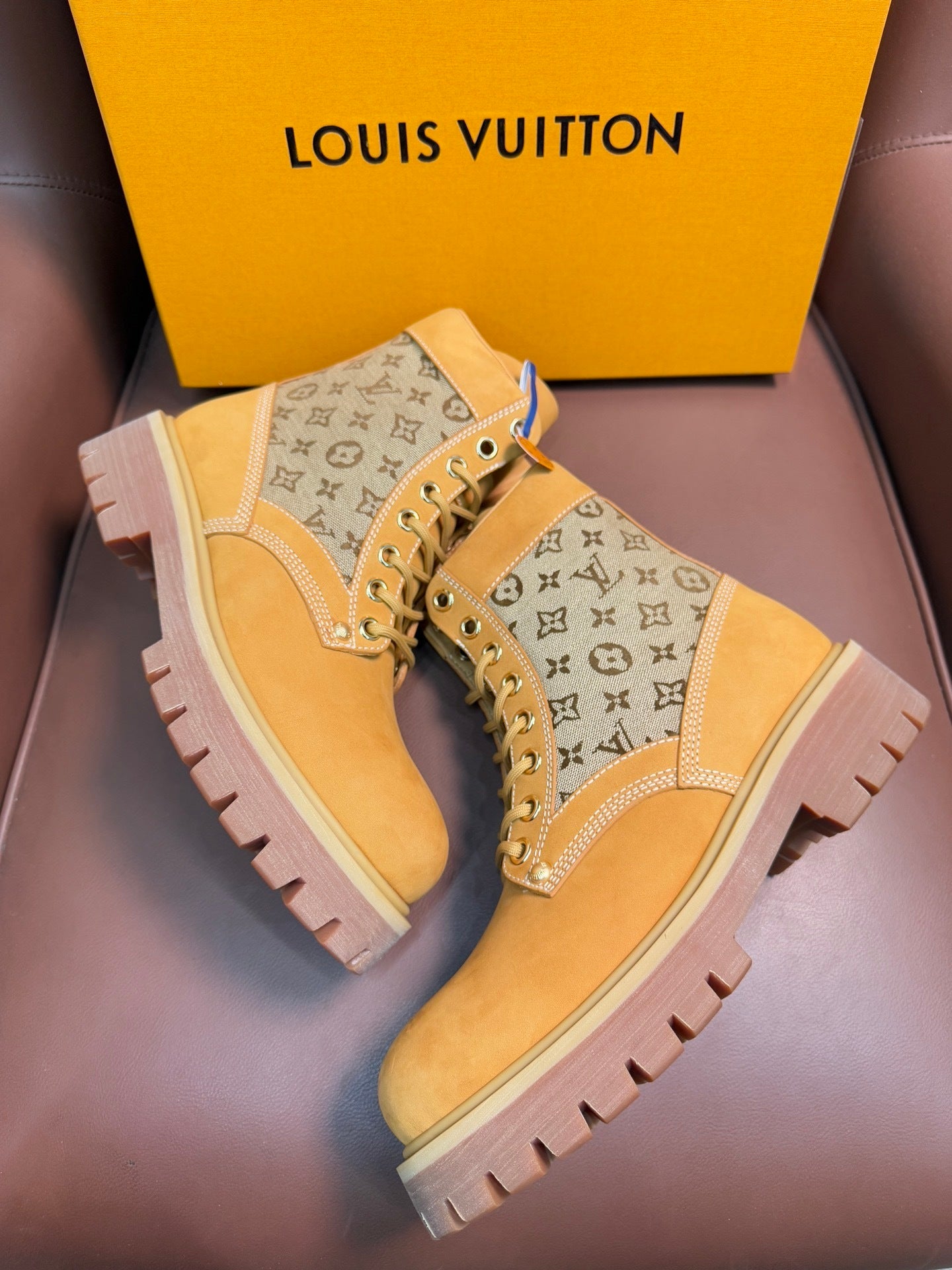 TAN MONOGRAM CANVAS COMBAT BOOTS